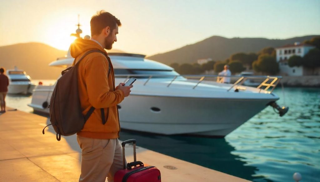 using a smartphone to confirm yacht charter booking at a marina